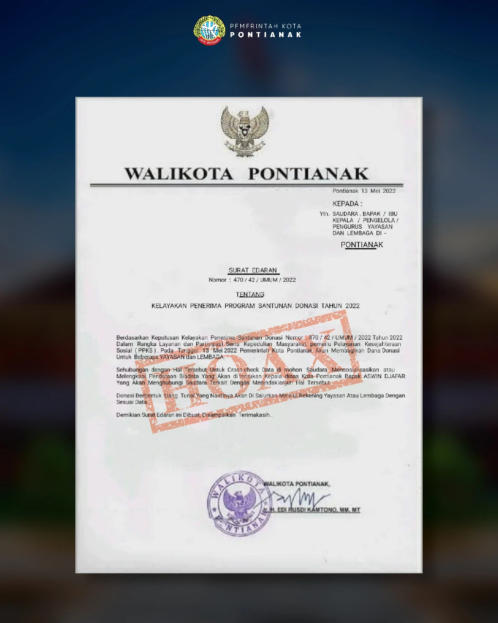 Surat Edaran Kelayakan Penerima Program Santunan Donasi Dipastikan Palsu